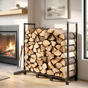 4 ft Firewood Rack with Customisable Width & Height, Cable Reinforcement, 616 lb Capacity Heavy Duty Galvanized Steel Log Store Indoors, Log Storage Holder, Black
