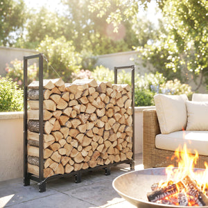 4 ft Firewood Rack with Customisable Width & Height, Cable Reinforcement, 616 lb Capacity Heavy Duty Galvanized Steel Log Store Indoors, Log Storage Holder, Black