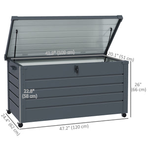 82 Gallon Garden Storage Box, Waterproof Outdoor Storage Container with Wheels and Handles, Lockable Galvanised Steel Outside Deck Box for Tools, Cushions, Dark Grey