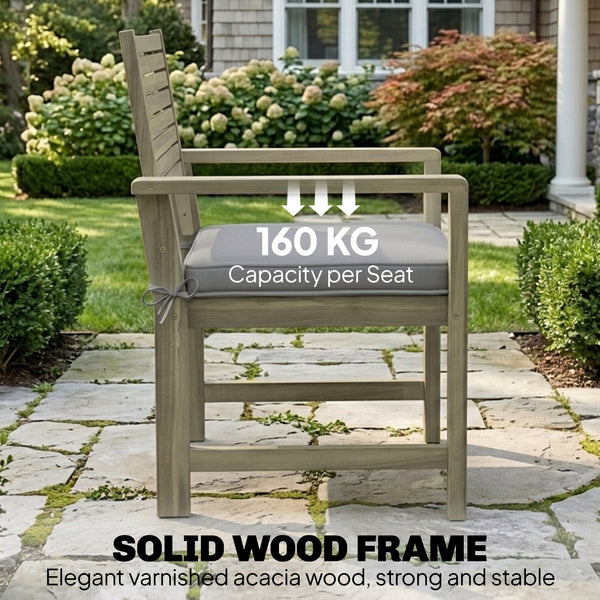 4 Seater Wooden Garden Furniture Set with Loveseat, 2 Armchairs, Wood-Top Table, Acacia Wood Garden Sofa Set with Cushions, Outdoor Furniture Conversation Sets, Light Grey