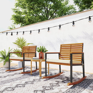 Outdoor Rocking Chair Set of 2, Acacia Wood Outdoor Rockers with Armrests, Cushion, Patio Wooden Rocking Chair Set for Garden, Balcony, Porch, 353 lbs. Capacity, Cream White