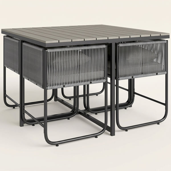ARVOYA 4 Seater Rattan Garden Furniture Set with Armchairs, Cushions & Wood Grain Top Table, Grey