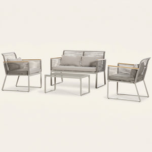 ARVOYA 4 Piece Rattan Garden Furniture Set with Cushions & Glass Top Table, Grey