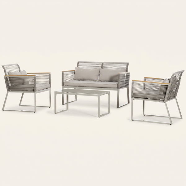 ARVOYA 4 Piece Rattan Garden Furniture Set with Cushions & Glass Top Table, Grey