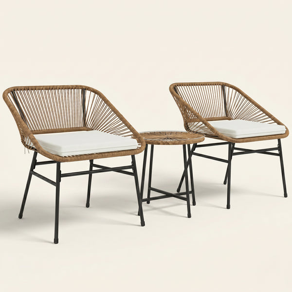 ARVOYA 3 Pieces Garden Rattan Bistro Set with Chairs, Glass Top Table & Cushions, Natural