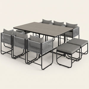 ARVOYA 10 Seater Rattan Garden Furniture Set with 6 Armchairs, 4 Stools & Wood Grain Top Table, Grey