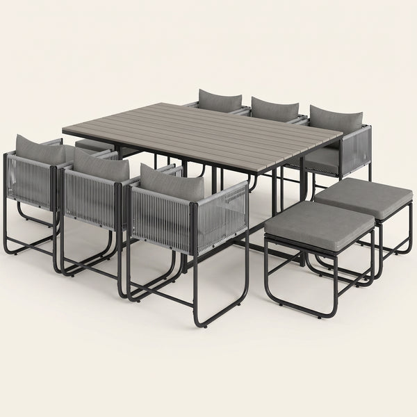 ARVOYA 10 Seater Rattan Garden Furniture Set with 6 Armchairs, 4 Stools & Wood Grain Top Table, Grey