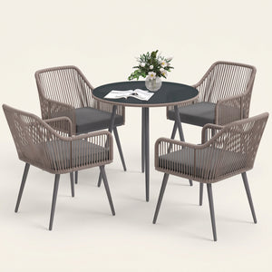 ARVOYA 4 Seater Rattan Dining Set with Parasol Hole & Cushions for Patio, Garden, Light Brown