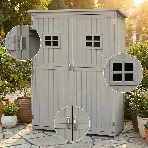 Wooden storage shed with detailed views of doors and hinges in a garden setting