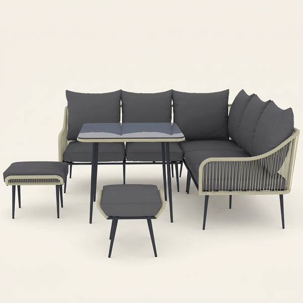 ARVOYA 6 Pieces Garden Corner Rattan Sofa Set w/ Thickened Cushions and Glass Top Table, Light Grey