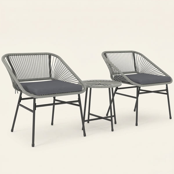 ARVOYA 3 Pieces Garden Rattan Bistro Set with Chairs, Glass Top Table & Cushions, Light Grey