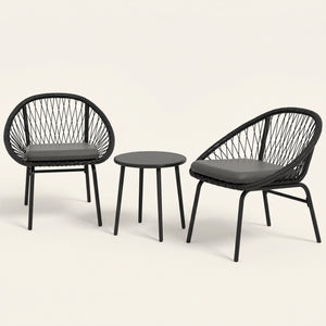 ARVOYA 3 Pieces Garden Rattan Bistro Set with Chairs, Round Coffee Table & Cushions, Black