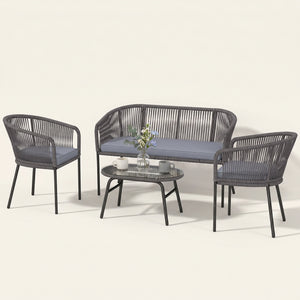ARVOYA 4-Piece Rope Sofa Set with Loveseat, 2 Chairs & Tempered Glass Table, Dark Grey