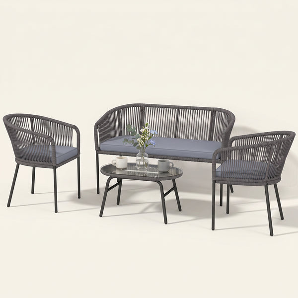 ARVOYA 4-Piece Rope Sofa Set with Loveseat, 2 Chairs & Tempered Glass Table, Dark Grey