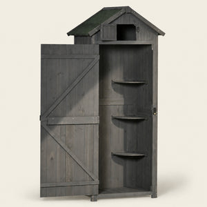 ROWAN Wooden Storage Cabinet w/ Shelves, Tilt Roof & Lockable Double Doors, Grey