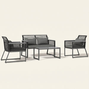 ARVOYA 4 Piece Rattan Garden Furniture Set with Cushions & Glass Top Table, Charcoal Grey
