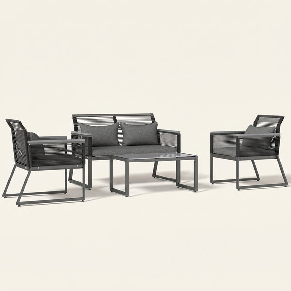 ARVOYA 4 Piece Rattan Garden Furniture Set with Cushions & Glass Top Table, Charcoal Grey