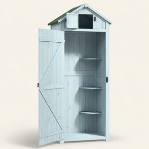 ROWAN Wooden Storage Cabinet w/ Shelves, Tilt Roof & Lockable Double Doors, Blue