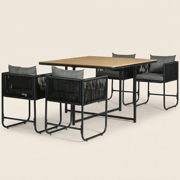 ARVOYA 4 Seater Rattan Garden Furniture Set with Armchairs, Cushions & Wood Grain Top Table, Black