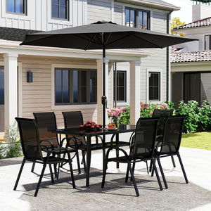 8 Pieces Patio Table and Chairs Set with 9 Ft Patio Umbrella, Outdoor Dining Set with 4.6 Ft Dining Table and 6 Chairs, Push Button Tilt and Crank Parasol, Tempered Glass Top, Black
