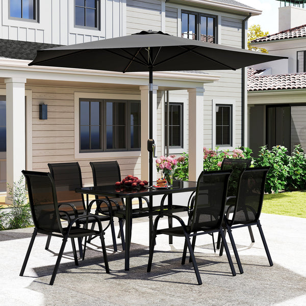 8 Pieces Patio Table and Chairs Set with 9 Ft Patio Umbrella, Outdoor Dining Set with 4.6 Ft Dining Table and 6 Chairs, Push Button Tilt and Crank Parasol, Tempered Glass Top, Black