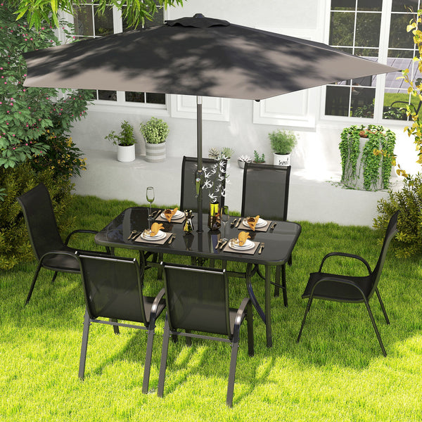 8 Pieces Patio Table and Chairs Set with 9 Ft Patio Umbrella, Outdoor Dining Set with 4.6 Ft Dining Table and 6 Chairs, Push Button Tilt and Crank Parasol, Tempered Glass Top, Black