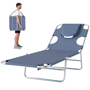 Folding Lounge Chair Outdoor Tanning Chair with Face Hole, 5-Position Reclining Sun Lounger Chaise Lounge Cot with Side Pocket, Carry Strap for Beach Pool, Yard, Grey