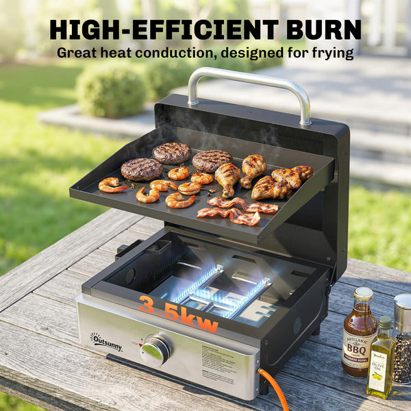 Grill Griddle, Portable Gas Plancha, 3.5 kW, Tabletop Gas BBQ with Grease Cup for Camping Picnic Patios, Black