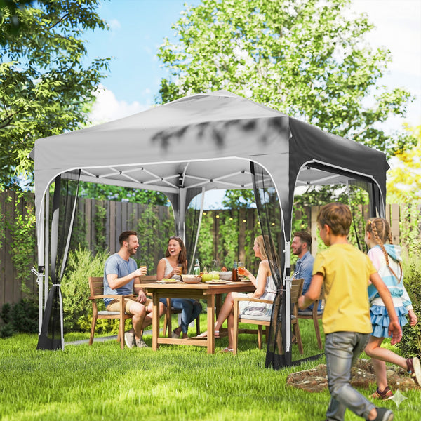 10 x 10 ft Pop Up Canopy Tent with Mosquito Netting, UPF 50+ Central Lock Easy Setup Outdoor Party Tent Instant Canopy with 4 Sandbags, Carry Bag, Dark Grey