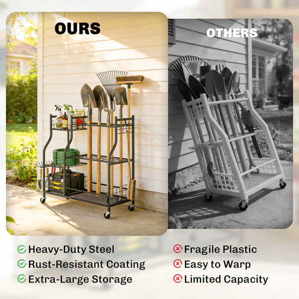 Garden Tool Organizer for Garage, 3-Tier Yard Tool Storage Rack with 74 Slots, 4 Wheels and 11 Hooks for Long-Handled Shovels and Rakes for Shed, Yard, Patio, Black