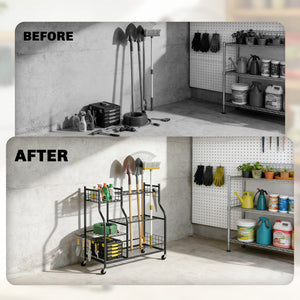 Garden Tool Organizer for Garage, 3-Tier Yard Tool Storage Rack with 74 Slots, 4 Wheels and 11 Hooks for Long-Handled Shovels and Rakes for Shed, Yard, Patio, Black