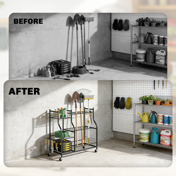 Garden Tool Organizer for Garage, 3-Tier Yard Tool Storage Rack with 74 Slots, 4 Wheels and 11 Hooks for Long-Handled Shovels and Rakes for Shed, Yard, Patio, Black