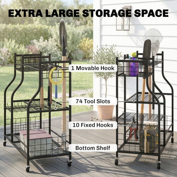 Garden Tool Organizer for Garage, 3-Tier Yard Tool Storage Rack with 74 Slots, 4 Wheels and 11 Hooks for Long-Handled Shovels and Rakes for Shed, Yard, Patio, Black