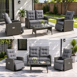 4 Pieces Patio Wicker Sofa Set w/ Loveseat, Reclining Armchairs & Glass Top Table, Grey
