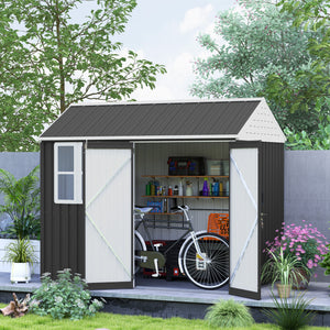 Outsunny 8' x 6' Outdoor Storage Shed, Metal Garden Shed with Window & Double Lockable Door, Outdoor Tool Shed Storage with Sloped Roof for Backyard, Patio, Garage, Lawn, Dark Gray