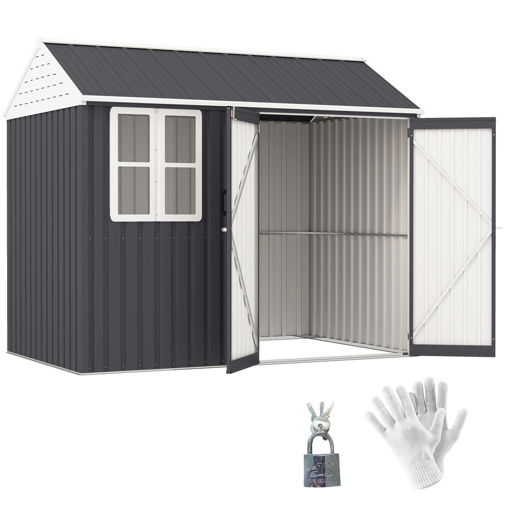 Outsunny 8' x 6' Outdoor Storage Shed, Metal Garden Shed with Window & Double Lockable Door, Outdoor Tool Shed Storage with Sloped Roof for Backyard, Patio, Garage, Lawn, Dark Gray