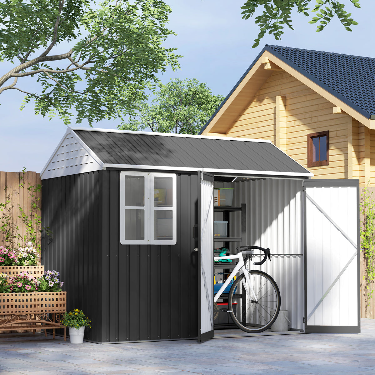 Cobertizo De Jardín Outsunny 2.35 M² - Puertas Correderas Dobles, Estructura De Acero, Color Gris Oscuro