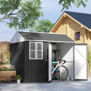 Outsunny 8' x 6' Outdoor Storage Shed, Metal Garden Shed with Window & Double Lockable Door, Outdoor Tool Shed Storage with Sloped Roof for Backyard, Patio, Garage, Lawn, Dark Gray