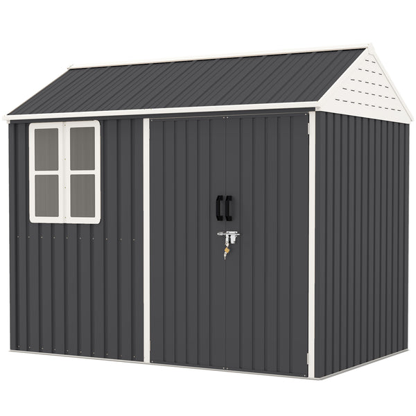 Outsunny 8' x 6' Outdoor Storage Shed, Metal Garden Shed with Window & Double Lockable Door, Outdoor Tool Shed Storage with Sloped Roof for Backyard, Patio, Garage, Lawn, Dark Gray