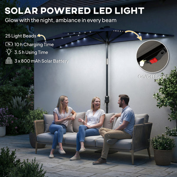 2.6 m Half Garden Parasol with Solar LED Lights, UPF50+ Semi Round Umbrella with 30° Tilt, Crank Handle, Metal Frame for Balcony, Dark Blue
