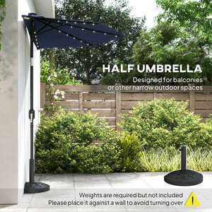 2.6 m Half Garden Parasol with Solar LED Lights, UPF50+ Semi Round Umbrella with 30° Tilt, Crank Handle, Metal Frame for Balcony, Dark Blue