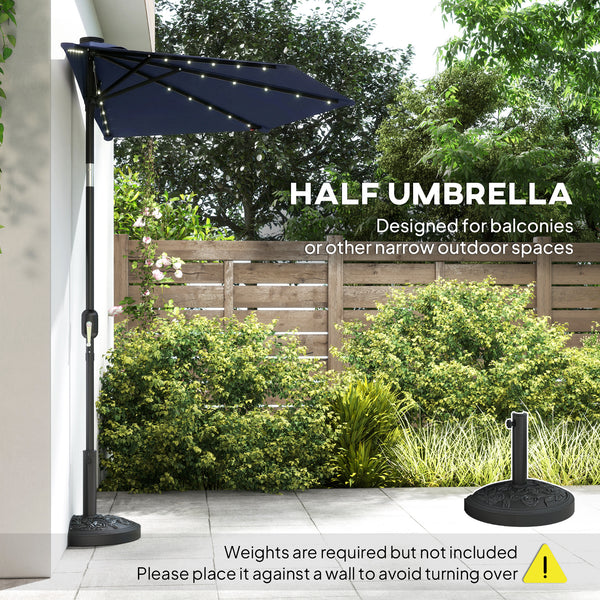 2.6 m Half Garden Parasol with Solar LED Lights, UPF50+ Semi Round Umbrella with 30° Tilt, Crank Handle, Metal Frame for Balcony, Dark Blue