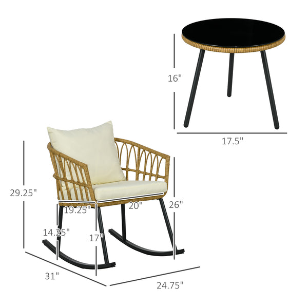 Outsunny 3 Piece Bistro Set with Cushions, Outdoor PE Rattan Wicker Patio Rocking Chair with 2 Porch Rocker Chairs, Glass Top Coffee Table Patio Conversation Set, Cream White