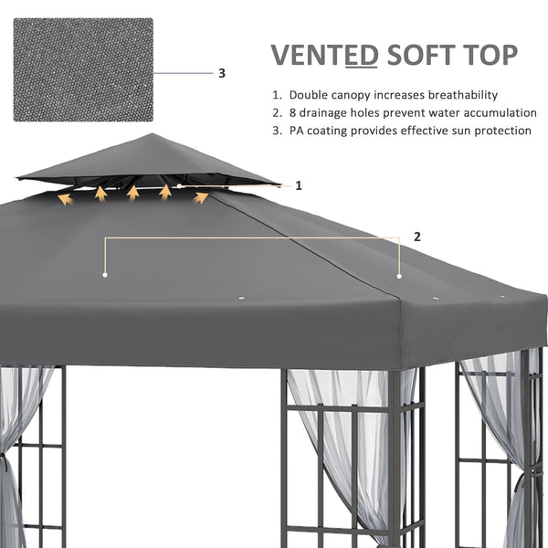 3 x 3(m) Patio Gazebo Canopy Garden Pavilion Tent Shelter with 2 Tier Roof and Mosquito Netting, Steel Frame, Grey
