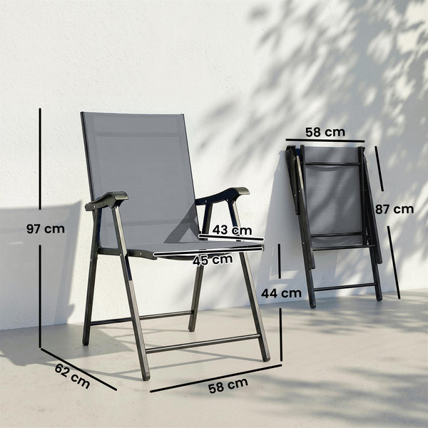 Folding Garden Chairs Set of 2, Foldable Garden Dining Chairs with High Back and Armrests, Breathable Texteline Folding Outdoor Chair Set with Metal Frame for Patio, Balcony, Light Grey