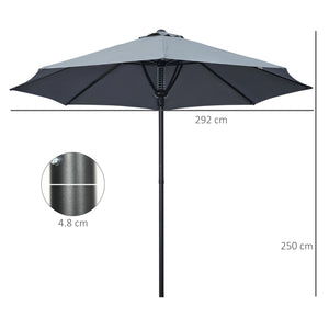 Garden 3(m) Parasol Umbrella, Outdoor Market Table Umbrella Sun Shade Canopy with 8 Ribs, Easy Push to Open, Grey