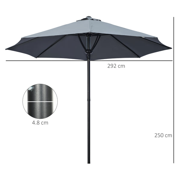 Garden 3(m) Parasol Umbrella, Outdoor Market Table Umbrella Sun Shade Canopy with 8 Ribs, Easy Push to Open, Grey