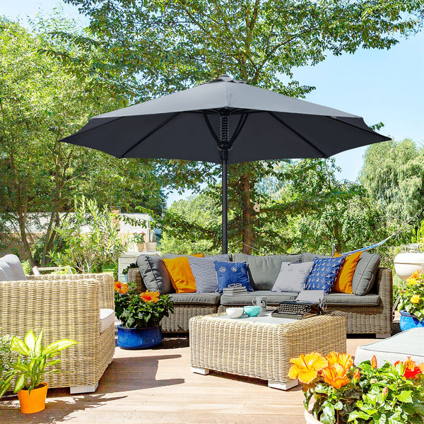 Garden 3(m) Parasol Umbrella, Outdoor Market Table Umbrella Sun Shade Canopy with 8 Ribs, Easy Push to Open, Grey