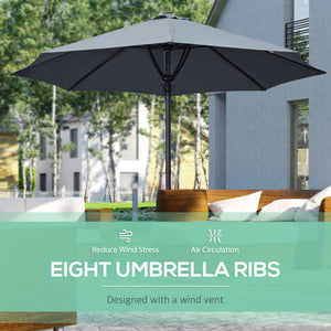 Garden 3(m) Parasol Umbrella, Outdoor Market Table Umbrella Sun Shade Canopy with 8 Ribs, Easy Push to Open, Grey