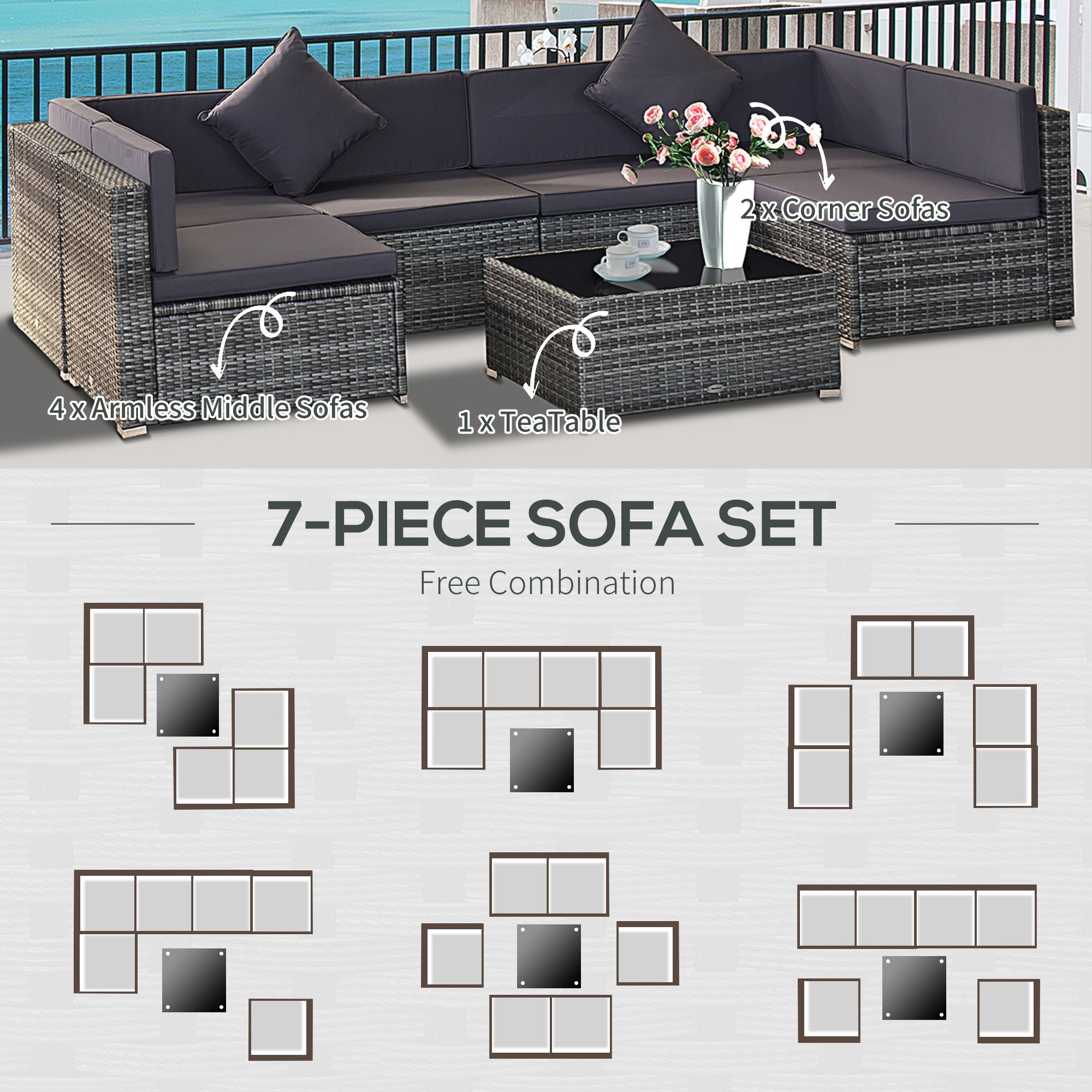 Outsunny 7-Piece All-Weather PE Rattan Sectional Sofa Set with